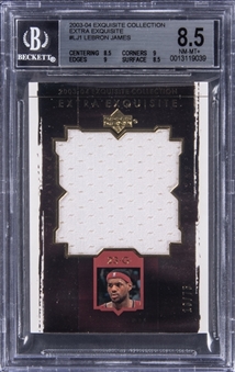 2003-04 UD "Exquisite Collection" Extra Exquisite #LJ1 LeBron James Game Used Jersey Rookie Card (#13/75) – BGS NM-MT+ 8.5